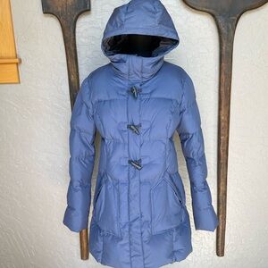 Prana blue down hooded car coat.